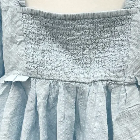 Free People Size Large Leave It To Me Powdered Blue Top Smocked Puff Sleeve NWOT - Picture 7 of 11